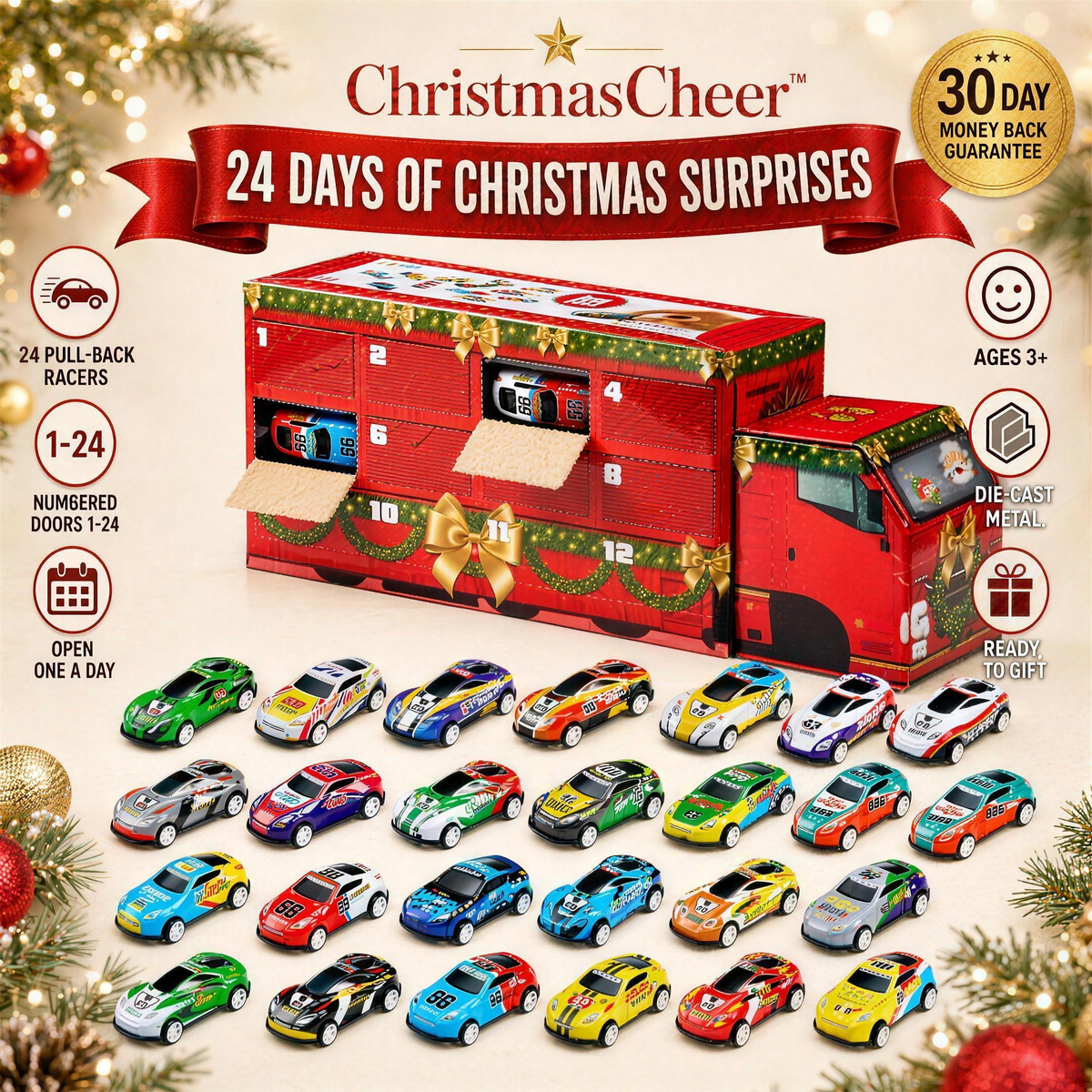 ChristmasCheer Advent Racers Calendar – 24 days of Christmas surprises, 24 die-cast pull-back cars