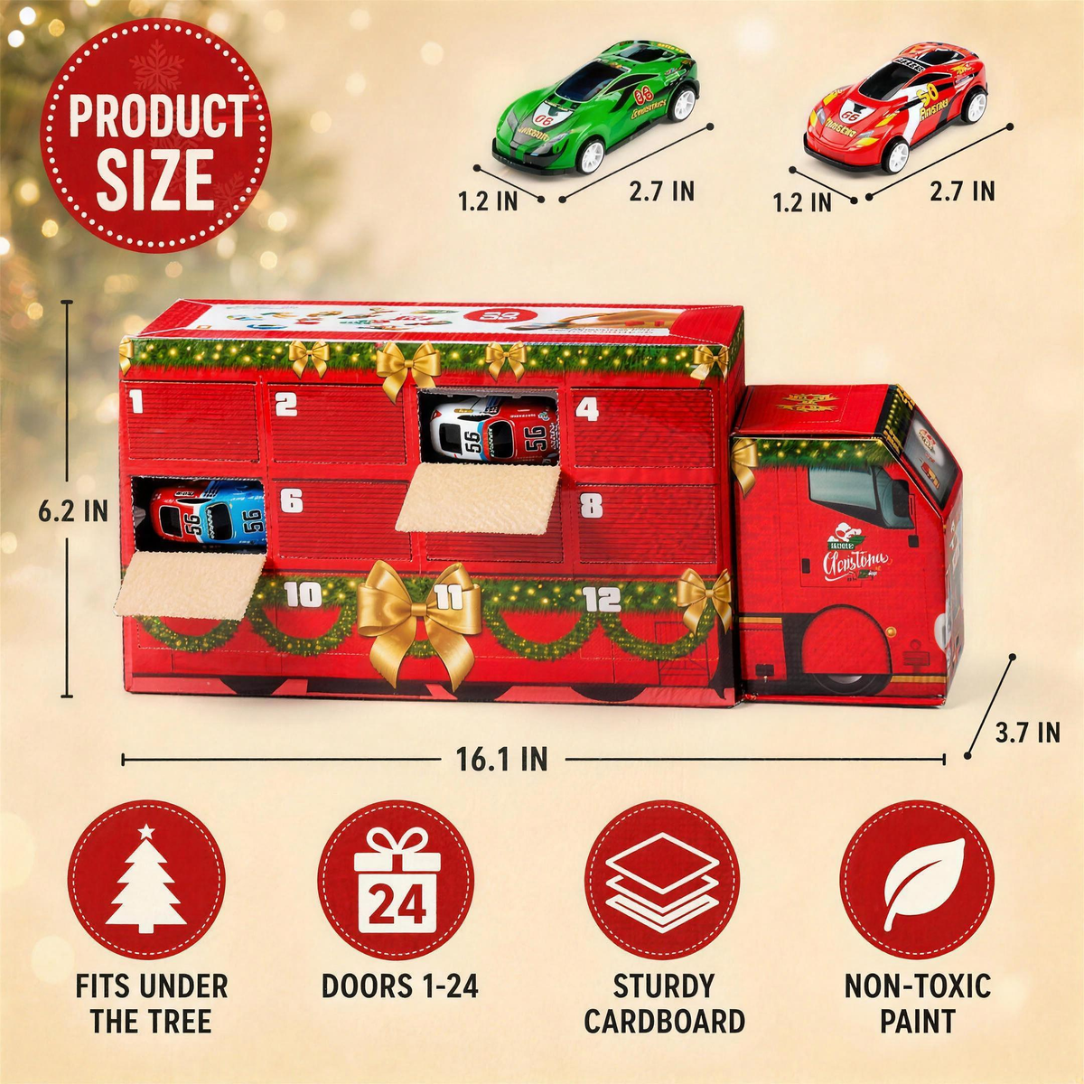 Product size: 16.1 x 6.2 x 3.7 inch truck box, 2.7 inch cars