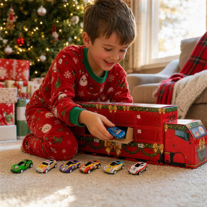 Boy opening door 12 of the Advent Racers Calendar on Christmas morning